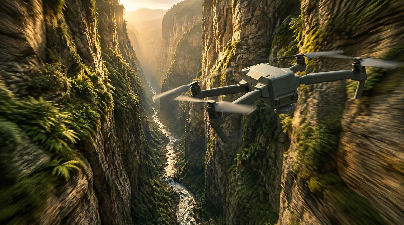 Civilian quad survey drone flying through a lush rainforest gulley