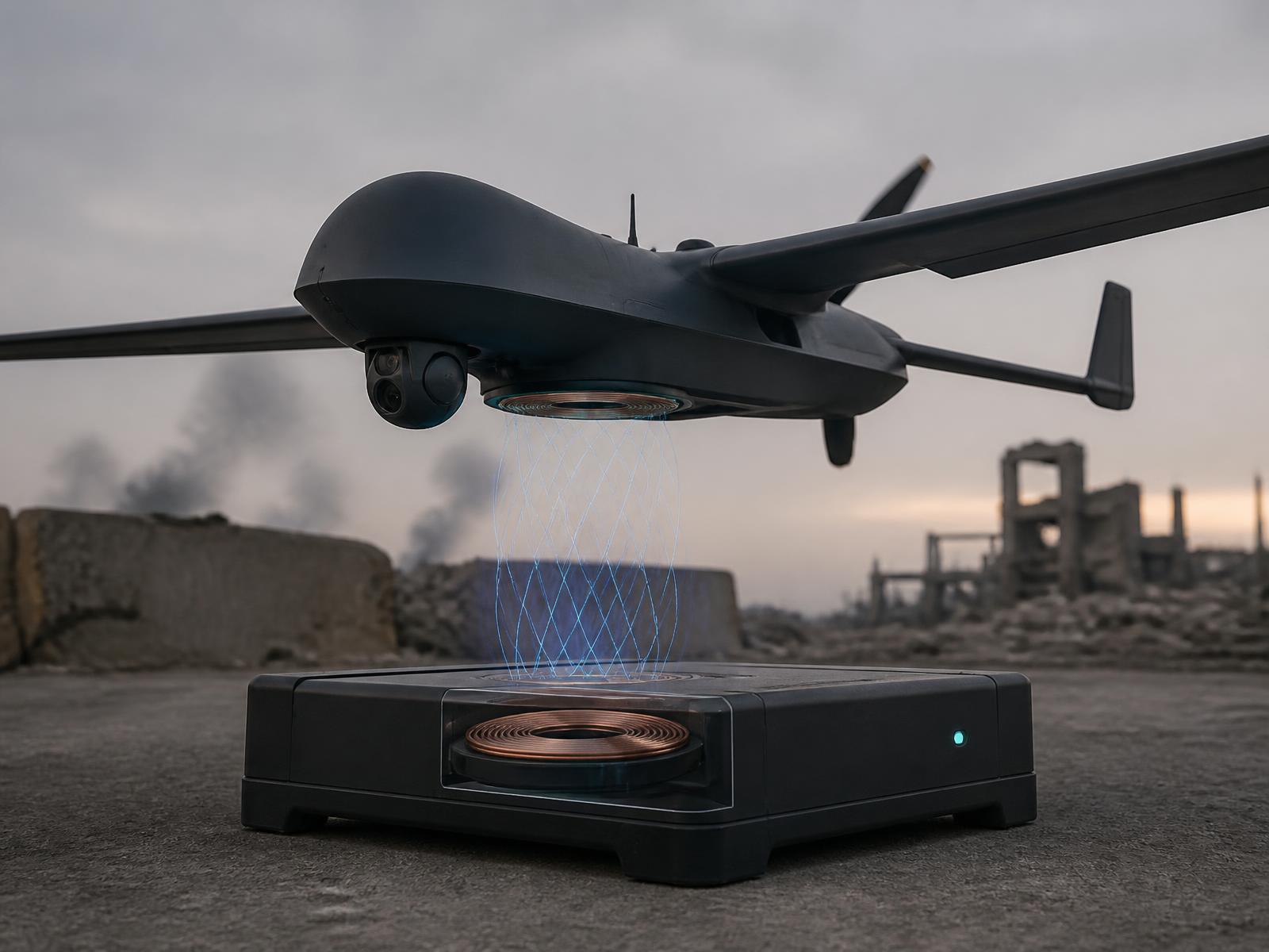 Long-range defence drone aligned above a sealed wireless charging base in a forward operating environment